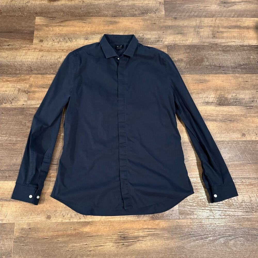 H&M Slim Fit Collared Navy Blue Button-Up Shirt L Preppy Career Office READ